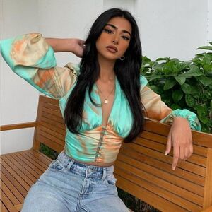 NWT Revolve Milk & Honey - Eleen Tie Dye Blouse Puff Sleeve Crop Top - Sz S